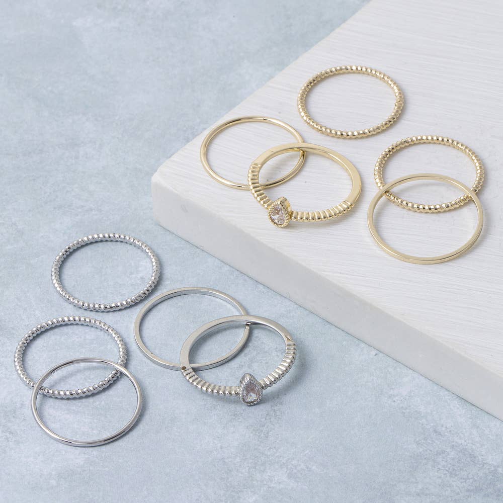 Five Piece Cz Bezel Pear Stone Stacking Ring Set
