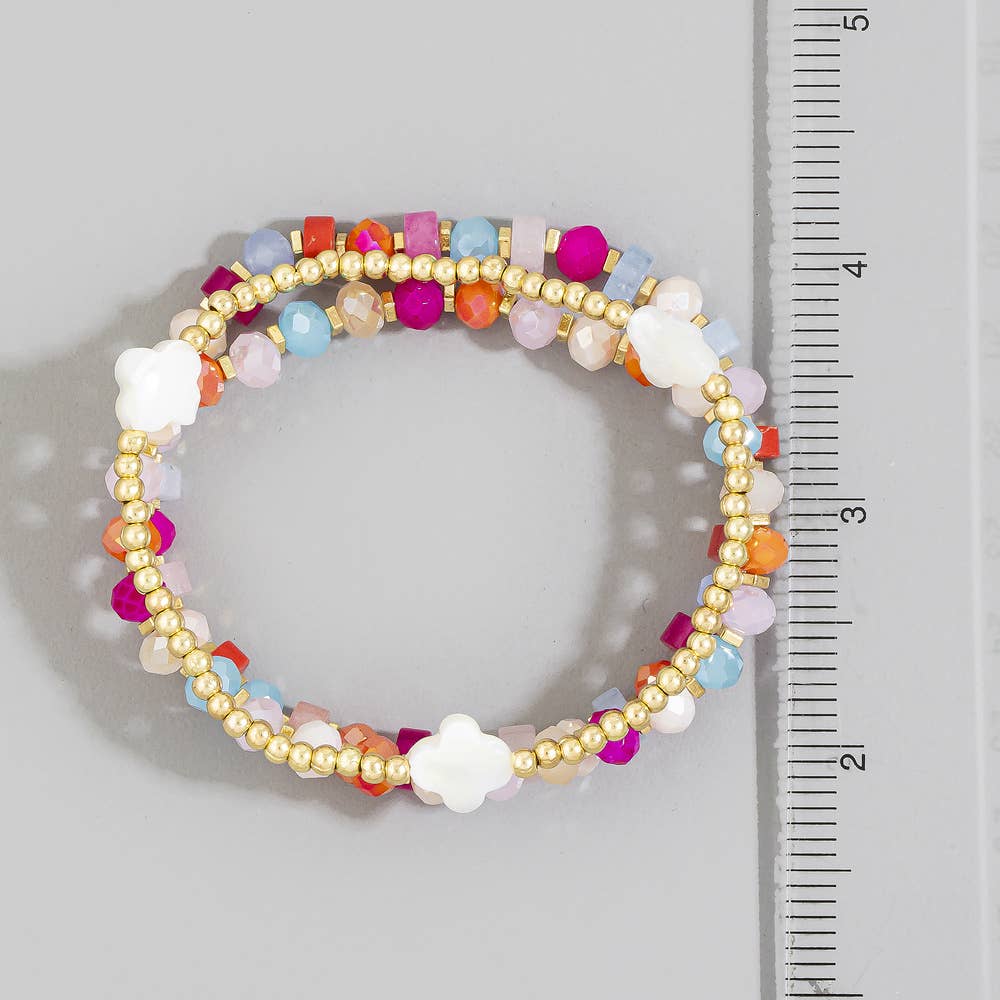 Shell Clover Multi Bead Layer Stretch Bracelet