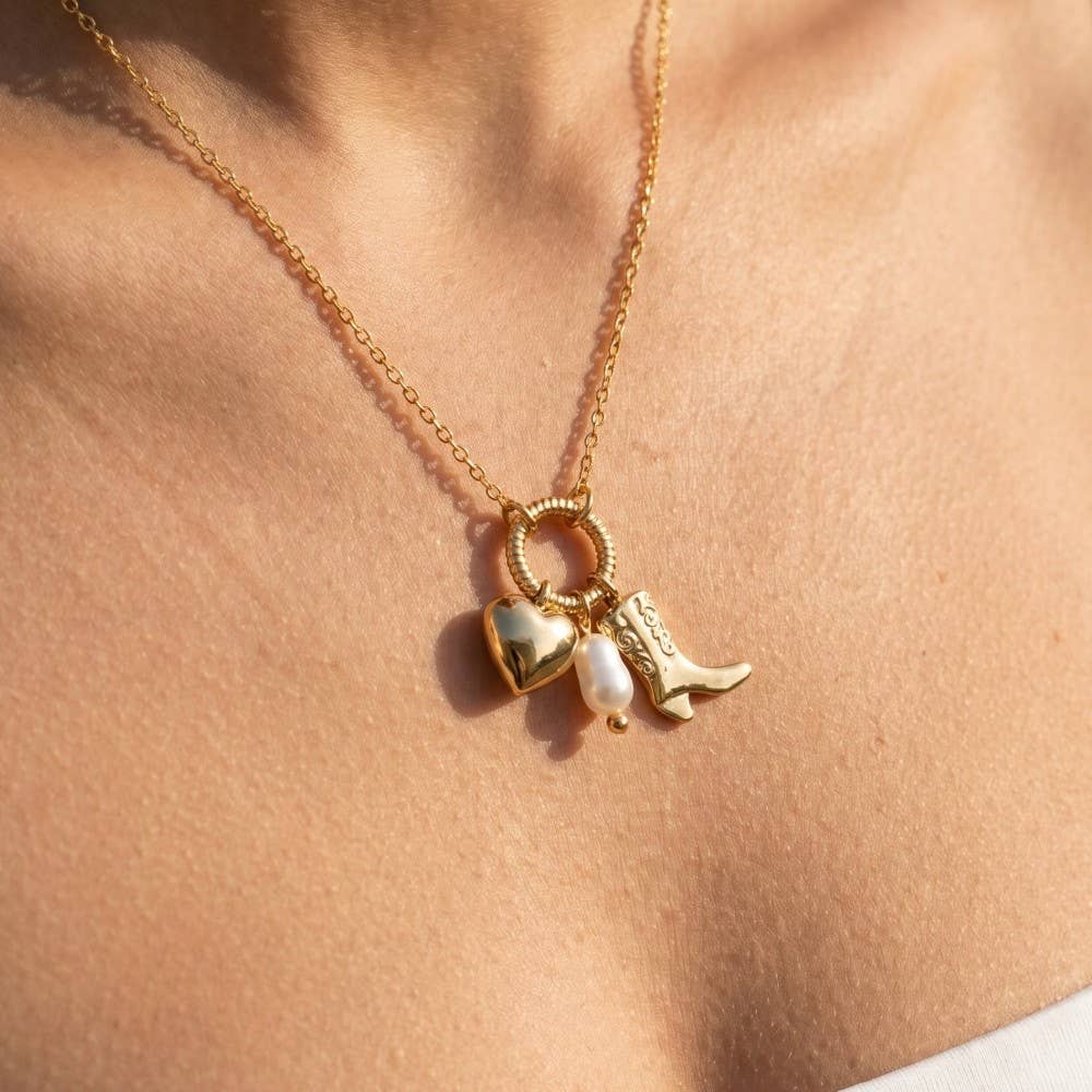 Western Cowboy Boot Heart Pearl Charms Chain Necklace