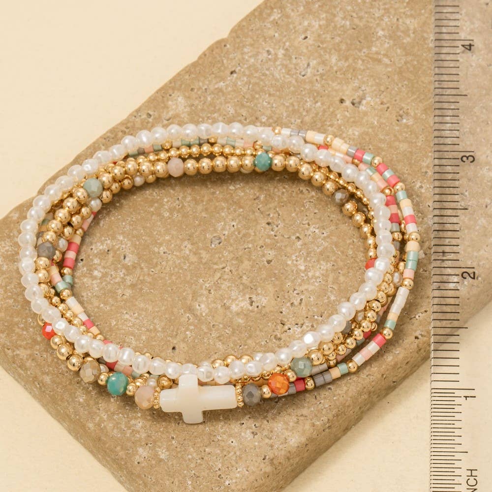 Sea Shell Cross Charm Mixed Mini Beaded Bracelet Set