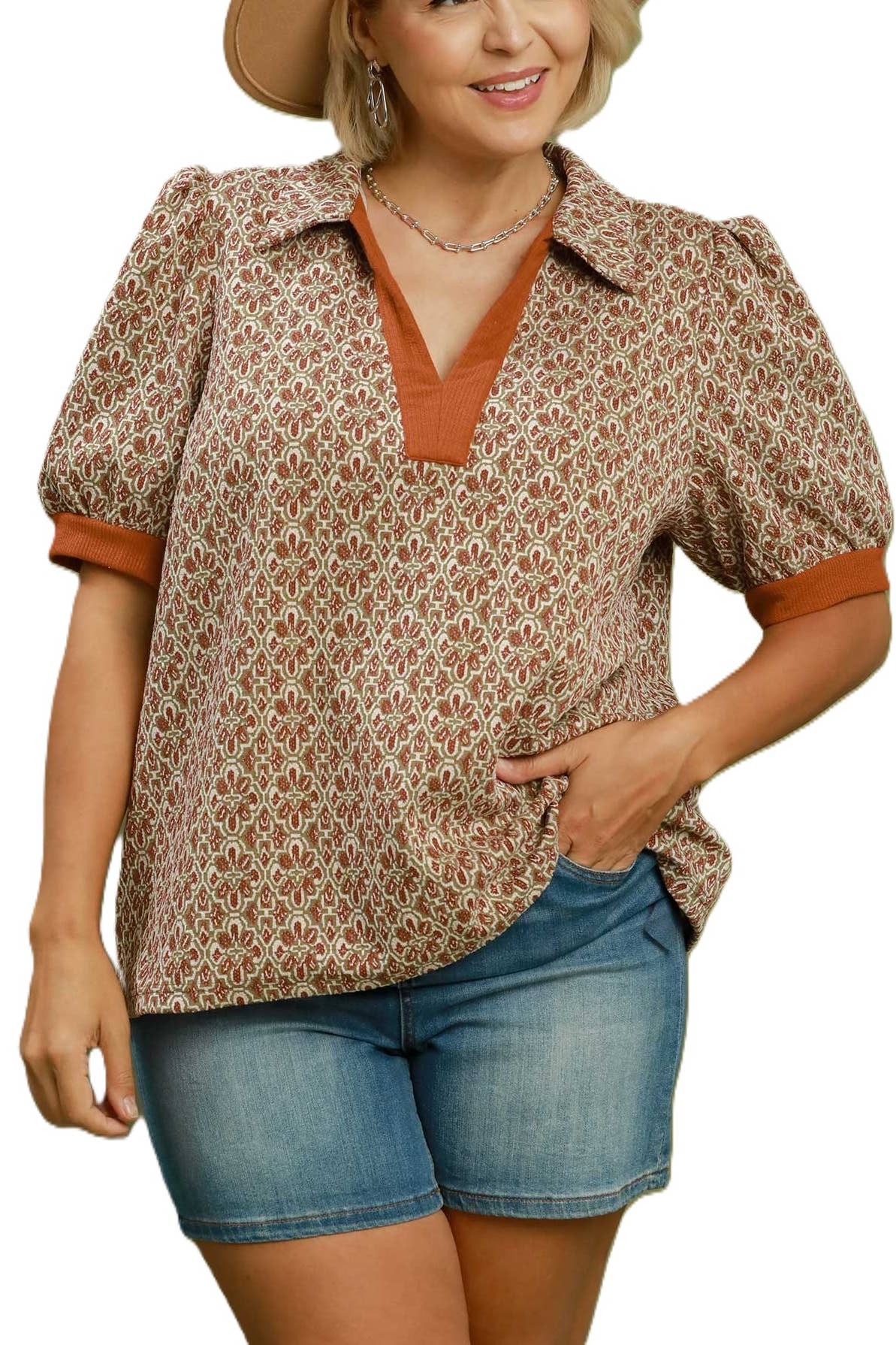 Collared Puff Sleeve Plus Top