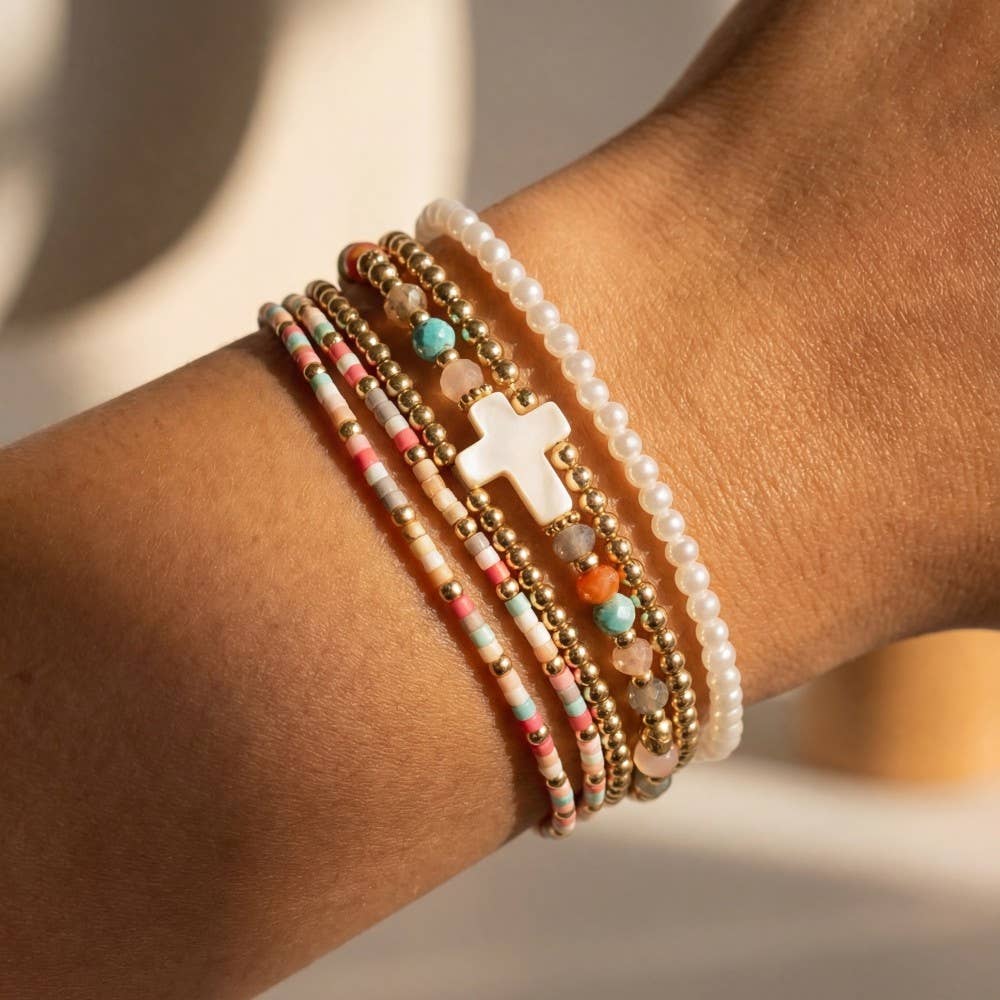 Sea Shell Cross Charm Mixed Mini Beaded Bracelet Set