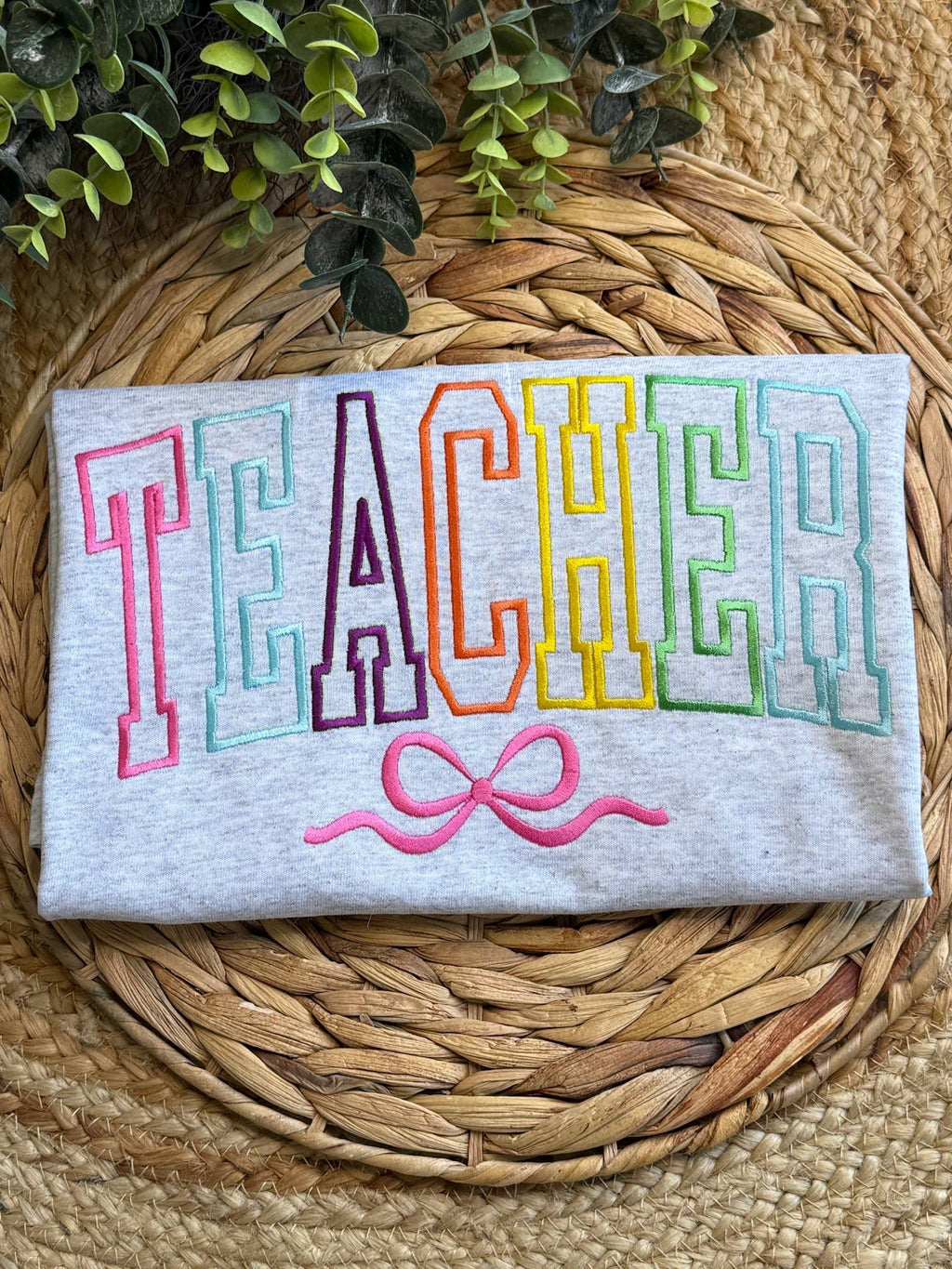 Teacher Rainbow Bow Embroidered Tee