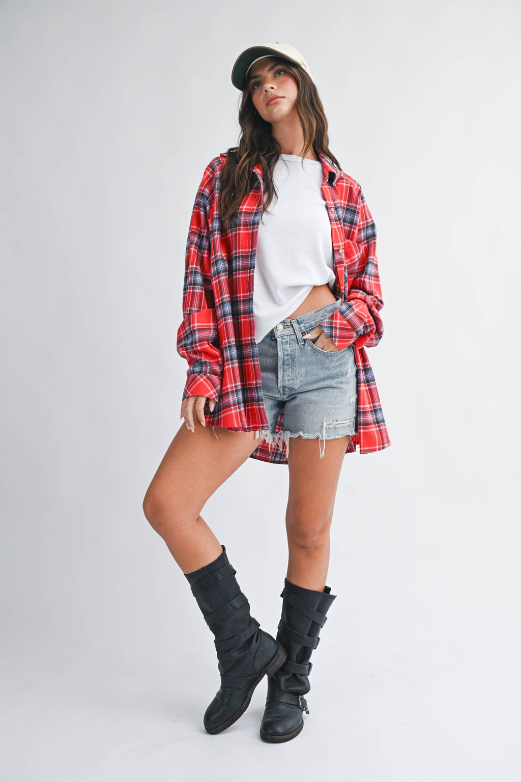 Oversized Red Plaid Button Down Shirt