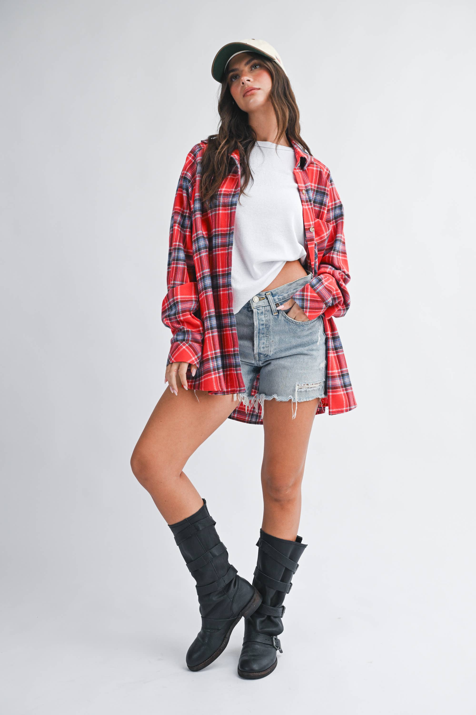 Oversized Red Plaid Button Down Shirt