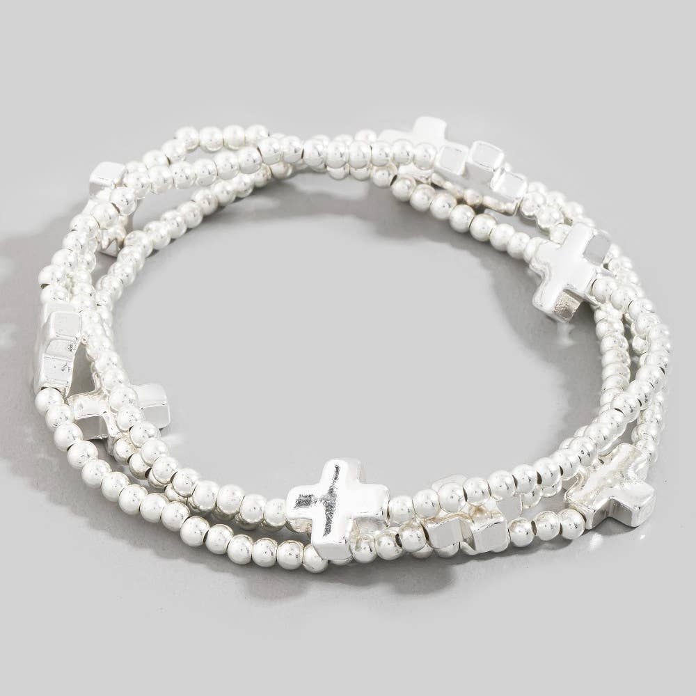 Mini Cross Charms And Metallic Beads Bracelet Set