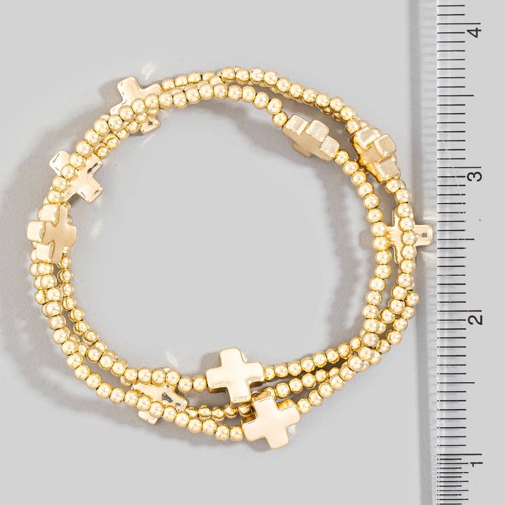 Mini Cross Charms And Metallic Beads Bracelet Set