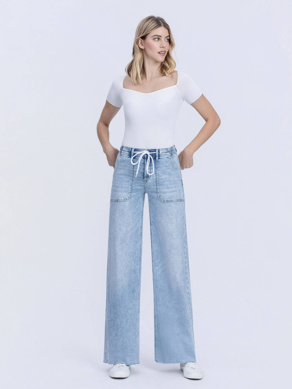 High Rise Drawstring Wide Leg Jeans - Flying Monkey