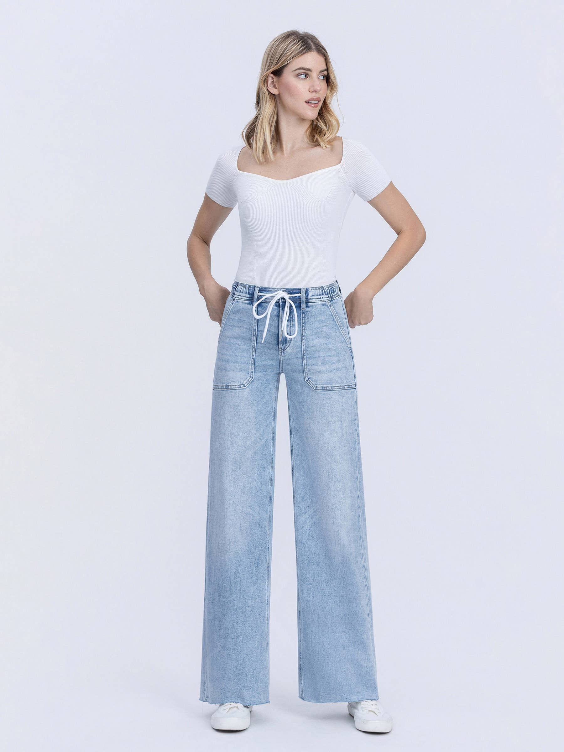 High Rise Drawstring Wide Leg Jeans - Flying Monkey
